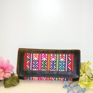 PIEL Black Leather & Woven Tri-Fold Organizer Wallet 7 1/4" x 3 3/4"